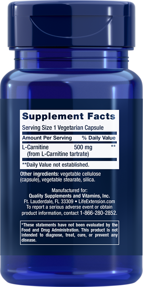 L-Carnitine, 500 mg, 30 cápsulas vegetarianas - lifeproductsbr